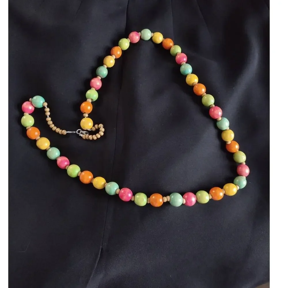Vintage‎ Gumball Wooden Beaded Necklace Colorful Bright
